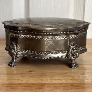 Antique Art Nouveau Clawfoot Lion Silver Plated Ornate Trinket Jewelry box blue